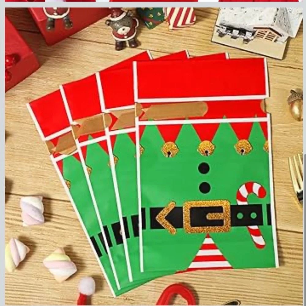 50 Festive Elf Party Favor Bags - Green and Red